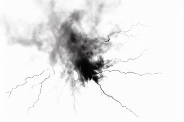 Wall Mural - raw power of nature as a black and white lightning bolt streaks across a stormy, cloudy blue night sky, isolated against a white background.