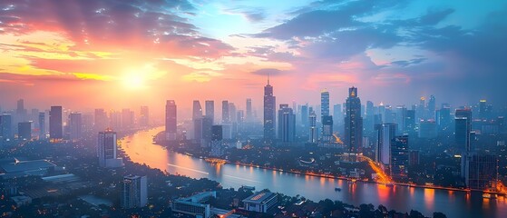 Wall Mural - Dynamic Skyline at Dawn: Urban Growth and Elegance. Concept Urban Growth, Dynamic Skyline, Elegance, Dawn Beauty, Architectural Marvels