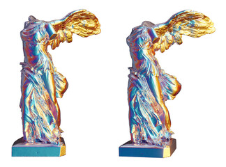 Winged Victory of Samothrace classical sculpturein iridescent chrome isolated on transparent background. 3D rendering