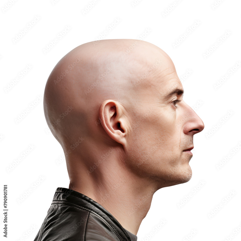 Portrait of a bald man head side view, isolated on transparent background