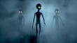 Three scary gray aliens walk and look blinking. 
