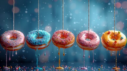 Sticker -   A line of donuts, each adorned with sprinkles, suspended from strings against a backdrop of blue