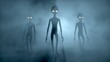 Three scary gray aliens walk and look blinking on a dark smoky background. UFO futuristic concept. 3D RENDER. Not AI.