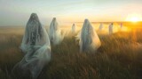 Fototapeta  - Ectoplasmic art installations that utilize the natural morning mists of grasslands to create ghostly figures and haunting scenes