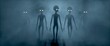 Five scary gray aliens walk and look blinking