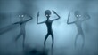Three scary gray aliens dancing on a dark smoky background. UFO futuristic concept. 3D RENDER. Not AI.