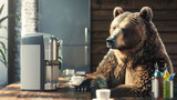 Fototapeta  - A grizzly bear enjoying a coffee break at the office, chatting casually with a colleague next to the water cooler. , natural light, soft shadows, with copy space, blurred backgroun