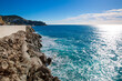 Rocky coast and beautiful azur water in Nice, cote d'Azur, France. French riviera. 