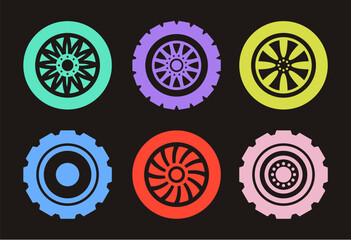 Wall Mural - Car black line wheels isolated icon set. Vector graphic design isolated illustration collection