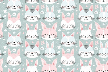 Wall Mural - A pattern of cats and rabbits with pink and blue colors