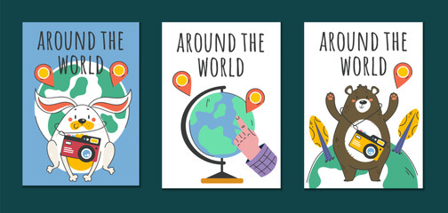  Travel card poster trip typography brochure tourism set collection concept. Vector graphic design element illustration	