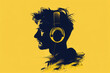 Silhouette of man with headphones against vibrant yellow backdrop. Creative music background.