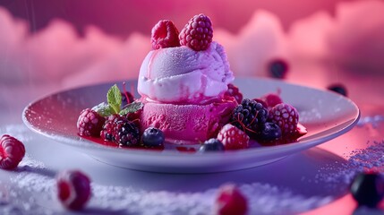 Wall Mural - Chef’s futuristic artisan fusion ice cream on a white plate, vivid chromatic gradients with fresh berries. Food styling