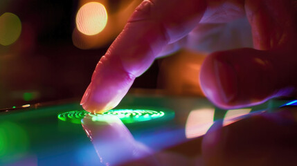 Close up view of a persons hand interacting with a technological device, showing fingers touching the screen or buttons