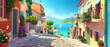 Serene Mediterranean village, picturesque 3D vector illustration with cobblestone streets and coastal views, tranquil and inviting