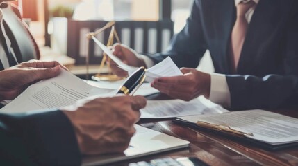 Poster - Close-up cropped photo of a business woman, a lawyer holding legal documents and advising a client at a meeting discussing documents in the office. Business, Entrepreneurship, Success, People concepts