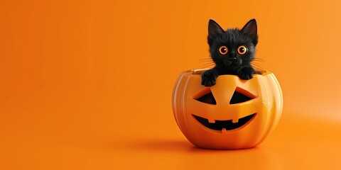 Wall Mural - Halloween day, 3D Illustration of Playful Black Cat Inside Grinning Jack O'Lantern on Bold Orange Background