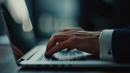 Poster - A man is typing on a laptop with his hand on the keyboard
