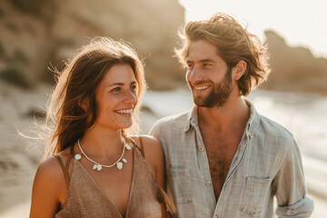 Smiling Couple in White Attire Walking on Beach, Romantic Getaway