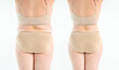 Overweight woman with fat legs and buttocks, before after weight loss concept on gray background