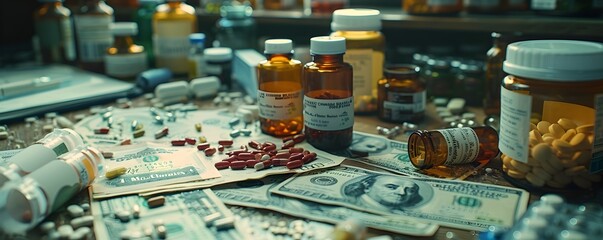 Cluttered Lab Table with Pharmaceutical Bills and Medication Bottles Showcasing Economic Aspects of Drug Development