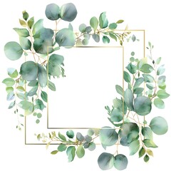 Wall Mural - A square frame surrounded by beautifully illustrated eucalyptus leaves and branches, perfect for wedding invitations or elegant stationery.