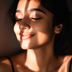 Wall Mural - close up of beautiful woman face with sunlight