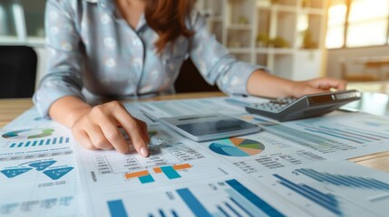 Poster - Close-up a woman uses a calculator to calculate the numbers in the company's financial documents and analyzes financial data, Market and annual turnover of goods in the office. Business Success.