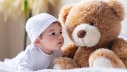  A teddy bear and a child in a cozy room and soft bed, showcasing innocence and companionship. Ideal for themes of friendship, childhood, and parenting.
