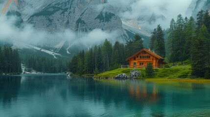 Poster -   A cabin rests on the lakeshore, framed by mountains and pine trees in the foreground, and a mountain range stretches behind