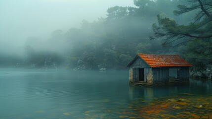 Poster -   A small, red-roofed house sits amidst a body of water on a foggy day