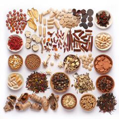 Wall Mural - Assortment of Chinese Herbal Medicine isolated on white background