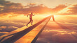 The dynamic image depicts an individual mid-stride along the edge of a structure against clouds and sunset, emphasizing progress