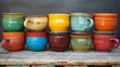   A stack of colorful coffee cups on a wooden table, situated in front of a gray wall