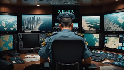 Navigation officer on watch security control room, sitting black chair observing screen