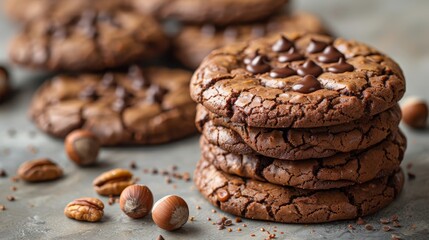 Sticker -   A stack of cookies atop a table, accompanied by piles of nuts and chocolate cookies