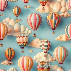 Canvas Print - Sunset over a seamless pattern of 3D styled hot air balloons, floating against a pastel sky.Seamless Pattern, Fabric Pattern, Tumbler Wrap, Mug Wrap.