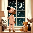 A little black boy in pajamas by the window in the evening admires the starry sky