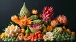 A beautiful arrangement of colorful Thai fruit carvings, skillfully crafted into intricate designs and served as decorative garnishes.