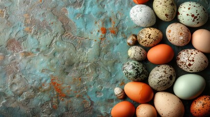 Poster -   A collection of eggs aligned on a blue-green surface, adorned with rust