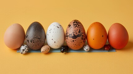 Wall Mural -   A row of eggs aligned on a yellow, speckled surface, with speckled eggs positioned in the middle