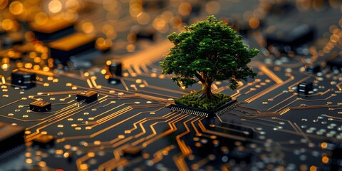 Poster - tree growing on circuit board representing digital nature synergy