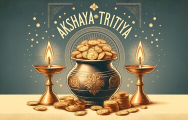 Wall Mural - Akshaya tritiya poster illustration with a pot filled with gold coins.