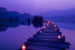 A candlelit path leading to a peaceful yoga spot by a lake at dusk, isolated on a mystical twilight purple background for International Yoga Day