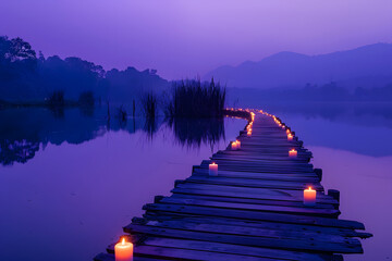 Wall Mural - A candlelit path leading to a peaceful yoga spot by a lake at dusk, isolated on a mystical twilight purple background for International Yoga Day