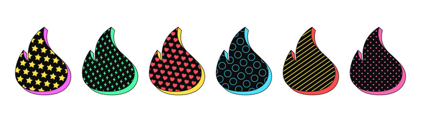 Poster - Isolated retro black fire icon set, vector stickers. Hot content, flame shape, top, super popular, burning hit, blaze. Textured 3d fire set, retro design elements for ads, party and pop culture