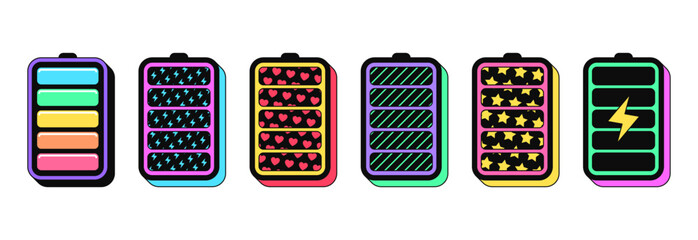 Poster - Isolated retro black battery icon set, vector stickers. Electric accumulator and energy, charging battery with lightning sign, charge level. Textured 3d battery set, retro design elements for ads
