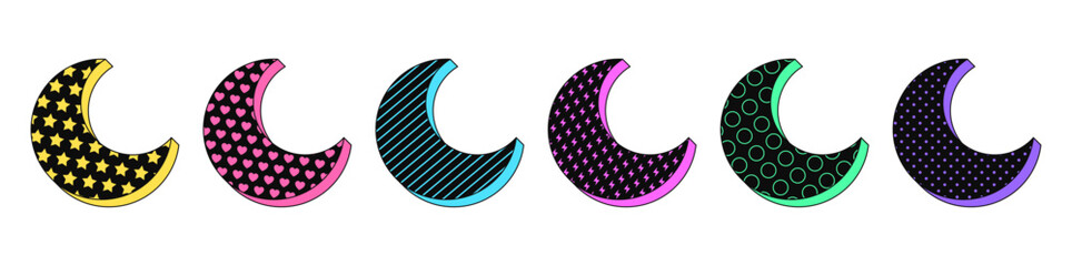 Poster - Isolated retro black crescent icon set, vector stickers. Half moon, magic dream, night and sleep time, moon phase. Textured 3d crescent set, retro design elements for party, ads and pop culture