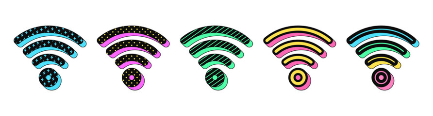 Poster - Isolated retro black wifi icon set, vector stickers. Wireless internet and network connection, hotspot, 5g wifi router, antenna. Textured 3d wifi set, retro design elements for ads and pop culture