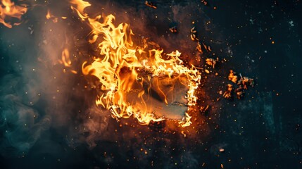  high-contrast shot of a burning piece of paper against a dark background, creating a stark and dramatic image of destruction.  